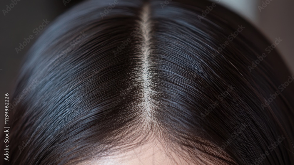 Focused close-up of hair roots with a smooth parting, highlighting a healthy scalp and natural hair color in a minimalistic setting Focused close-up of hair roots with a smooth parting, highlighting a healthy scalp and natural hair color in a minimalistic setting