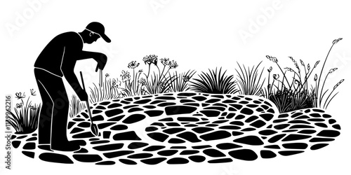 Worker creating a curved garden path using cobblestones along a flower bed, Vector Graphic