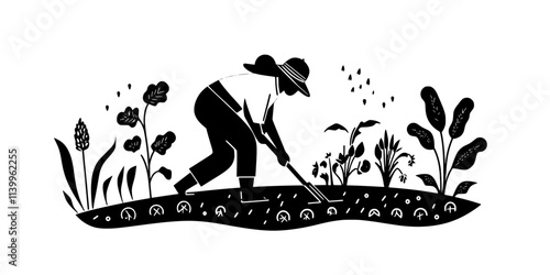 Worker digging rows to plant vegetables in an edible landscape design, Vector Graphic