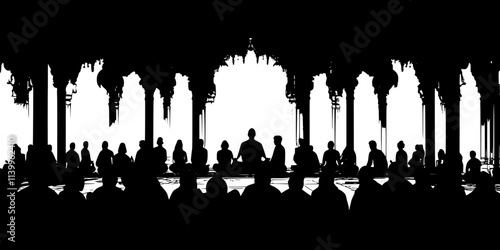 Worshippers sitting in meditation inside a famous temple during a pilgrimage, Vector Graphic