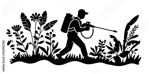 Worker spraying a natural pesticide on plants to prevent insect damage, Vector Graphic