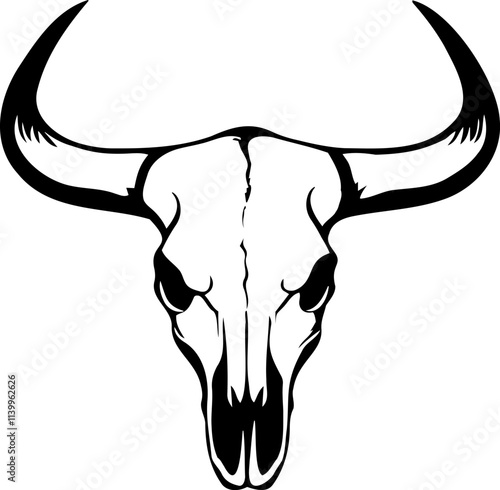 Illustration of a bull skull in black and white style.