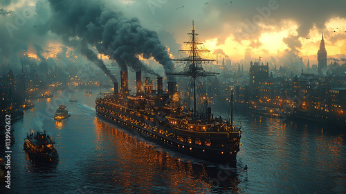 steampunk city, gears, cogs, airships, smokestacks, clock towers, brass, Victorian, machinery, retro-futuristic, industrial, metal, steam power, cobblestone streets, pipes, factories, victorian archit