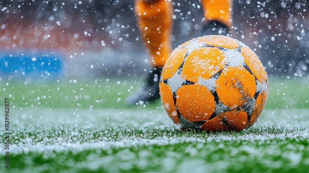 Soccer ball covered in snow on a snowy field. Soccer ball covered in snow on a snowy field.