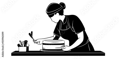 Baker smoothing the surface of a cake using cake decorating tools, Digital Art