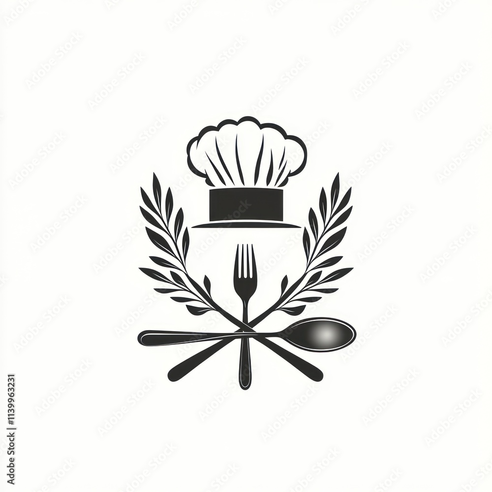 Fototapeta premium Chef hat, crossed cutlery, and olive branches logo.