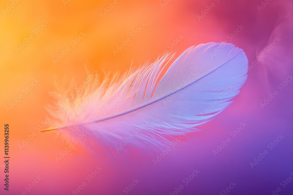 Obraz premium A single, delicate white feather floats against a vibrant orange and purple backdrop, creating a serene and ethereal image.
