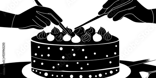 Cake decorator placing edible decorations onto the top layer of a cake, Digital Art