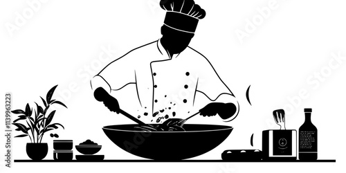 A chef adding ingredients to a wok for stir-frying, Digital Art