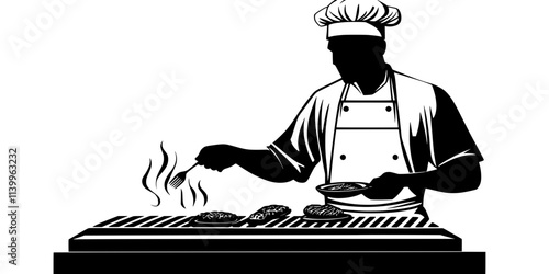 A chef adjusting food on a grill to ensure thorough cooking, Digital Art