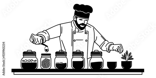 A chef preparing jars for fermenting ingredients using salt and water, Digital Art