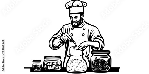 A chef mixing salt into vegetables for preparing fermentation in jars, Digital Art