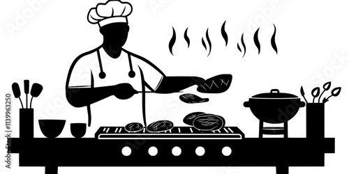 A chef turning food on a grill for even cooking, Digital Art