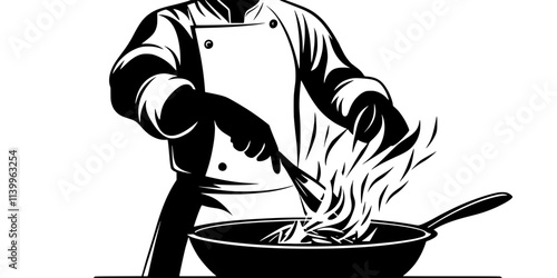 A chef tossing ingredients in a pan while stir-frying over a flame, Digital Art