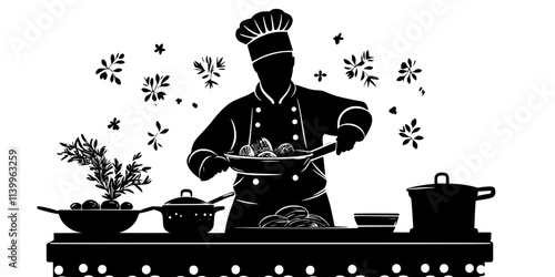A chef turning food on a grill for even cooking, Digital Art