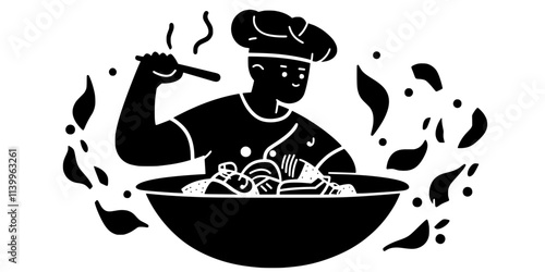 A chef tossing vegetables in a wok for stir-frying over high heat, Digital Art