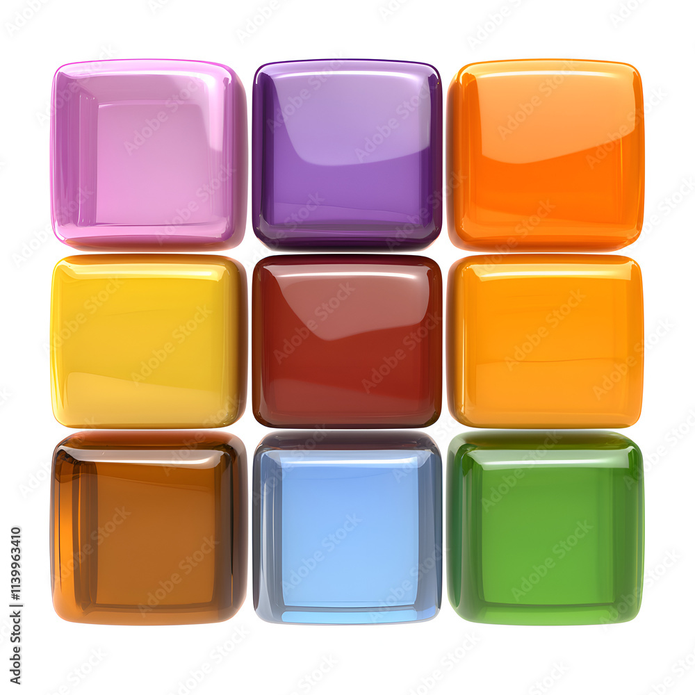A vibrant arrangement of colorful glass tiles in a 3x3 grid pattern. A vibrant arrangement of colorful glass tiles in a 3x3 grid pattern.