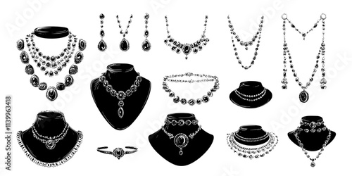 Collection of antique necklaces and rings displayed on a velvet surface under glass, Digital Art