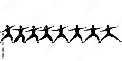 Class performing warrior two pose, arms extended outward in flow, Digital Art