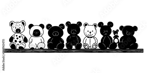 Collection of plush toys displayed on a wooden shelf in a room, Digital Art