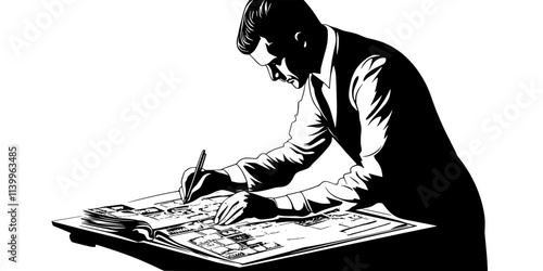 A collector arranging revenue stamps in an album at a large table, Digital Art