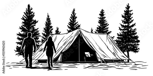 A couple walking toward a large, fully furnished tent at a designated campsite, Digital Art