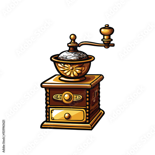 A meticulously detailed image of a vintage manual coffee grinder, showcasing its ornate brass details and wooden body.  Focus on texture and patina.