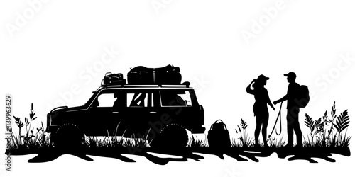 A couple unloading equipment from a car at a camping site near a field, Digital Art