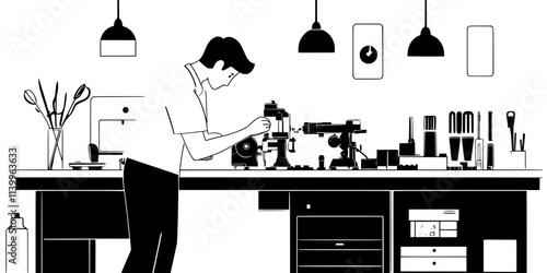 Craftsman placing a disassembled clock mechanism on a workbench for repair, Digital Art