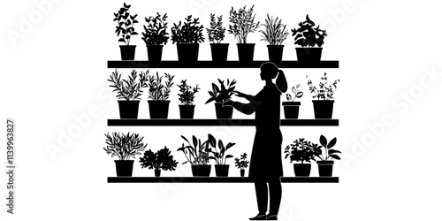 A gardener arranging various herbs in a vertical garden setup against a garden wall, Digital Art