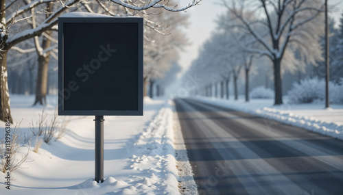 Blank white mock up billboard sign winter tree farm snow Christmas advertising board template marketing scenic roadside signage rustic forest peaceful empty design promotional media xmas ad one photo