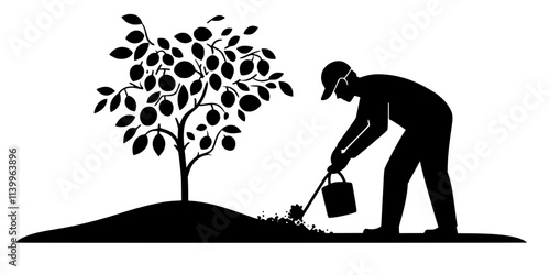 Gardener fertilizing the soil around the base of a mature fruit tree, Digital Art