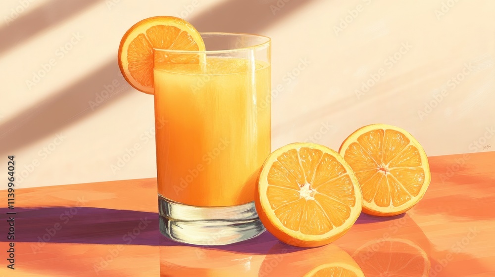 Freshly squeezed orange juice in a glass with orange slices on the side, emphasizing natural refreshment Freshly squeezed orange juice in a glass with orange slices on the side, emphasizing natural refreshment