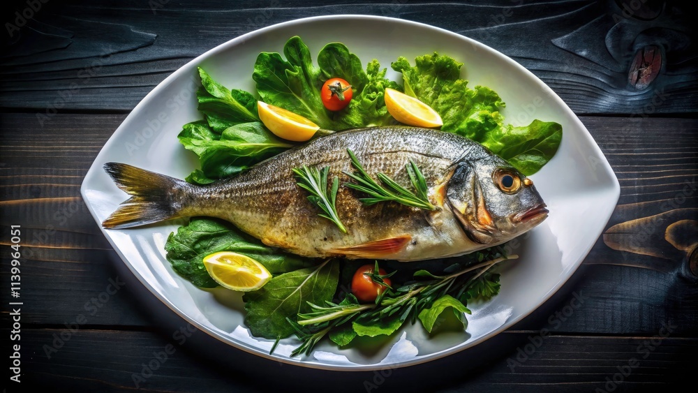 Silhouette of Grilled Sea Bream with Green Leafy Vegetables on a White Plate - Breathtaking Balkan Cuisine Photography Silhouette of Grilled Sea Bream with Green Leafy Vegetables on a White Plate - Breathtaking Balkan Cuisine Photography