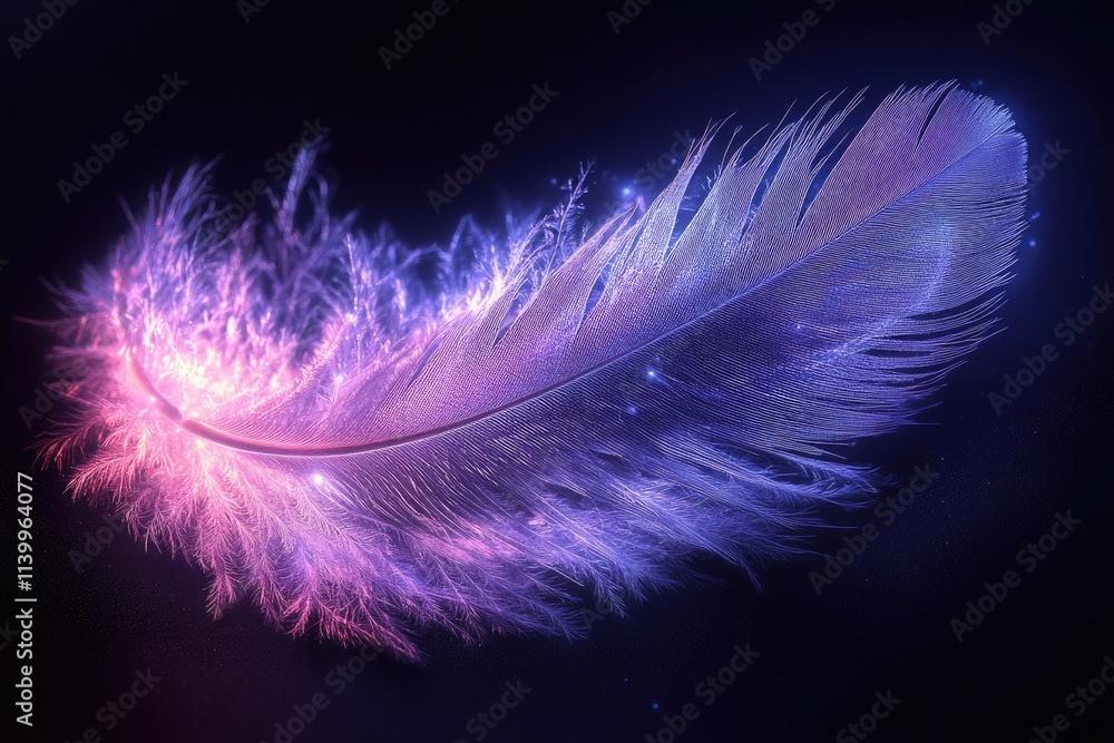 Obraz premium A single feather, glowing with purple and pink light, floats in a dark, starry background.