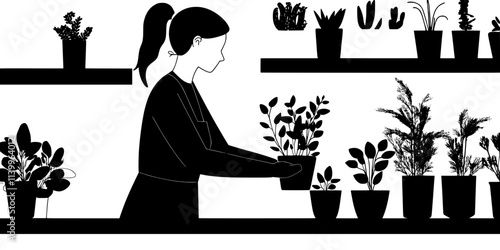 A gardener transplanting small indoor plants into new pots on a kitchen counter, Digital Art