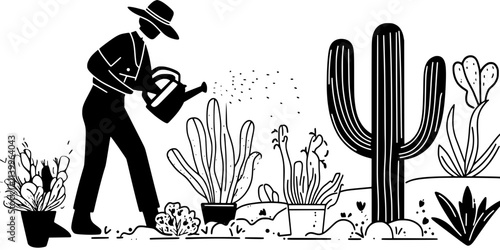 Gardener watering newly planted shrubs in a xeriscaped area near a patio, Digital Art