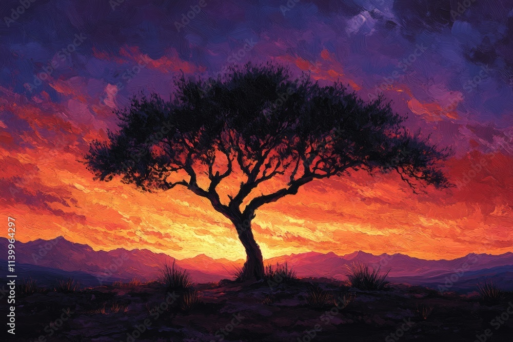 Silhouette of a lone tree against a vibrant, fiery sunset over a mountainous landscape. Silhouette of a lone tree against a vibrant, fiery sunset over a mountainous landscape.