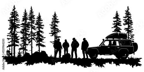 A group of friends arranging their gear near a vehicle at a forested campsite, Digital Art