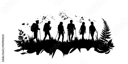 A group of friends trekking through a dense wilderness with no clear path visible, Digital Art