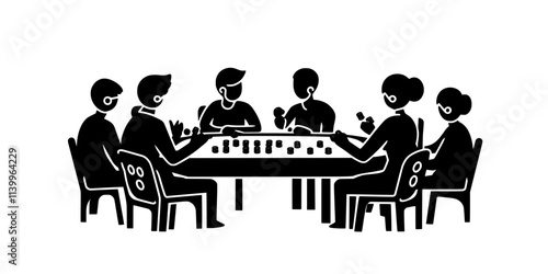 A group of friends sitting around a table, each carefully placing pieces on the board, Digital Art