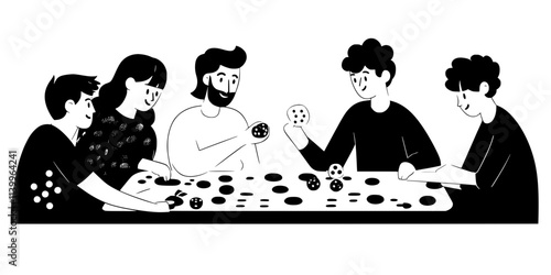 A group of individuals planning their next steps collaboratively while assessing board game elements, Digital Art