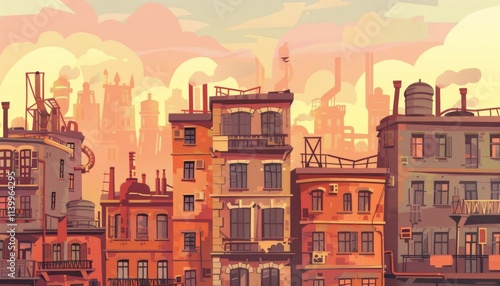 Steampunkc cityscape. Steampunk town, Vintage city with towering struckture. Urban fantasy landscape. Background illustration. photo