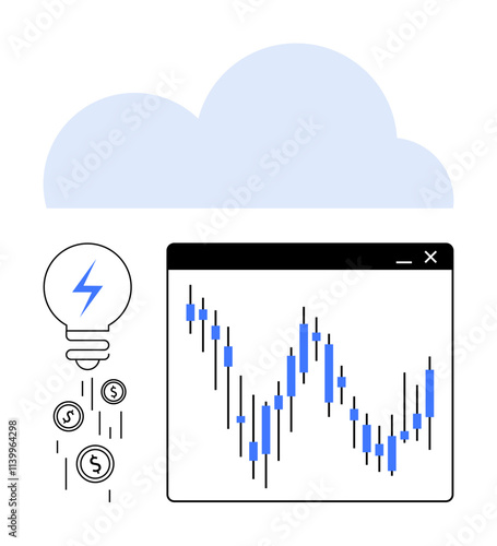 Cloud backdrop with a financial chart window showing fluctuating stock prices, lightbulb with lightning bolt, and coins falling. Ideal for fintech, investments, data analysis, finance management