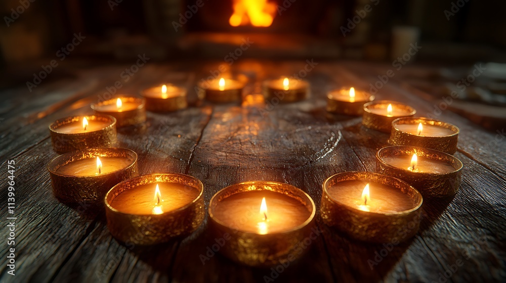 A circle of candles arranged on a wooden table, each flame burning brightly, their warm light reflecting off golden metallic holders, casting intricate shadows on the surface, soft ambient lighting, A circle of candles arranged on a wooden table, each flame burning brightly, their warm light reflecting off golden metallic holders, casting intricate shadows on the surface, soft ambient lighting,