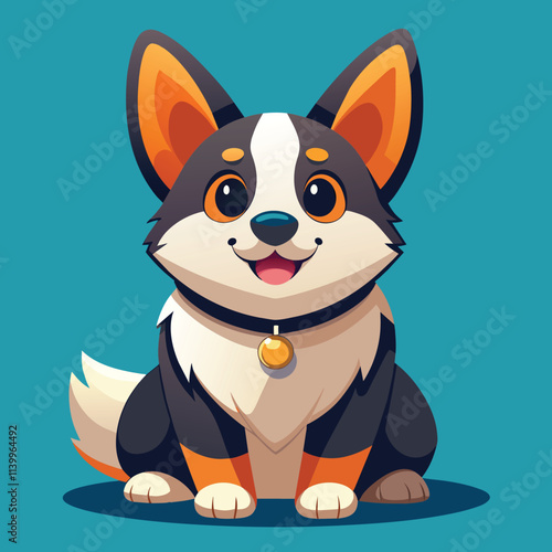 Cute chubby cartoon dog character white and black coloured with black collar sitting straight on blue background