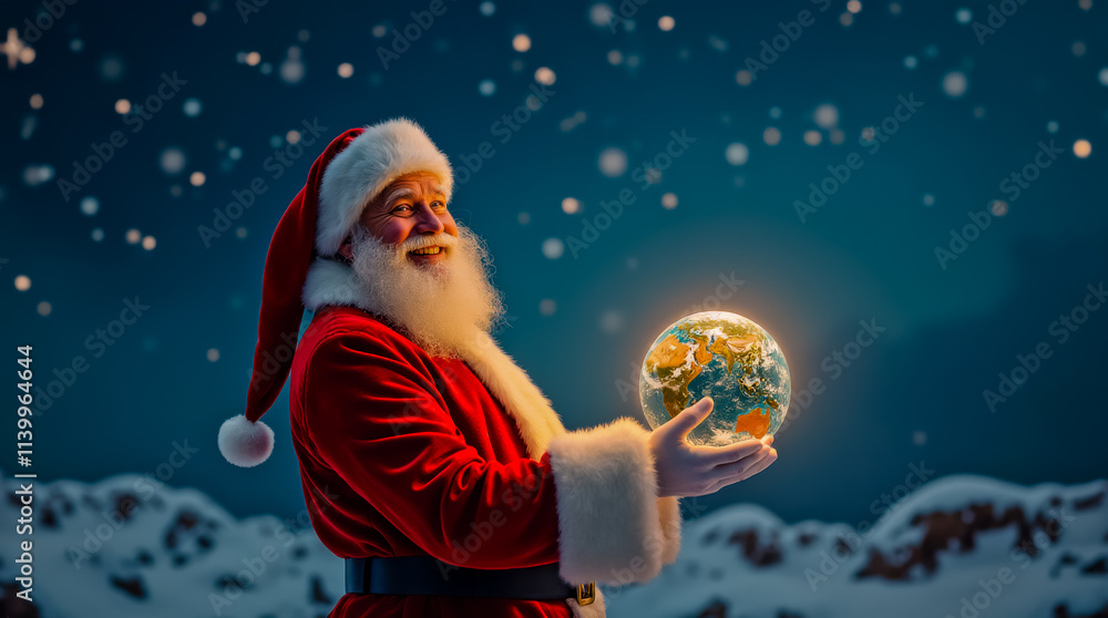 Naklejka premium Santa Claus holding a globe in his hand