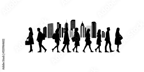 A group walking through a pedestrian zone in a city's business district, Digital Art