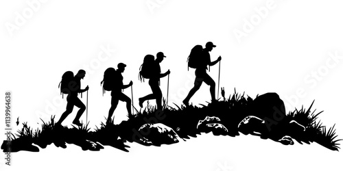 Group trekking uphill along a rocky trail to a higher elevation, Digital Art