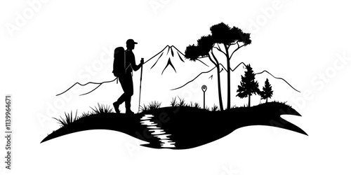 A hiker walking on a trail with visible mileage markers, Digital Art